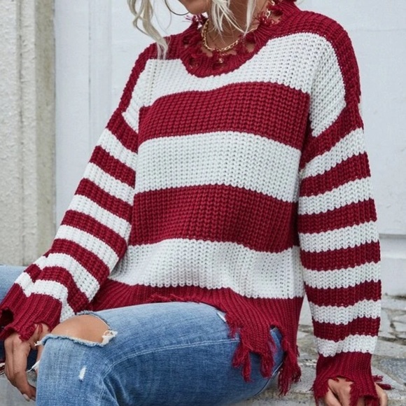 Red/White Striped Frayed Style Knit Sweater in M - Picture 3 of 5